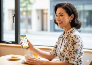 スマホで無料診断を楽しむ女性